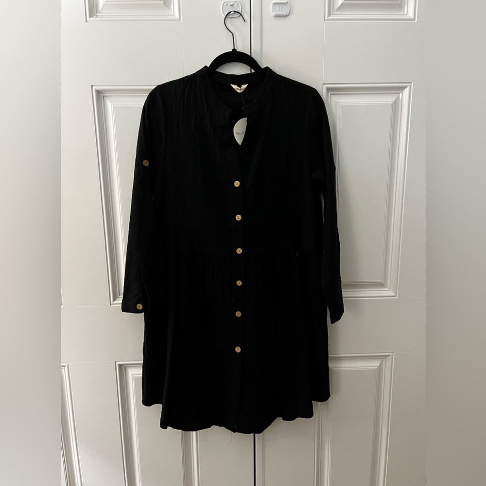 TWO LITTLE SISTERS | Black Long Sleeve Button Up Shirt Dress
